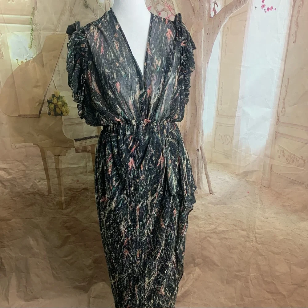 NEW IRO Gargas Wrap-effect Ruffled Printed lurex Sheer MIDI Dress - Picture 5 of 15